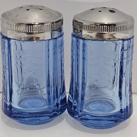 Indiana Glass Other - Indiana Glass Recollection Blue Salt Pepper Shakers Set 3" Embossed Scroll vtg